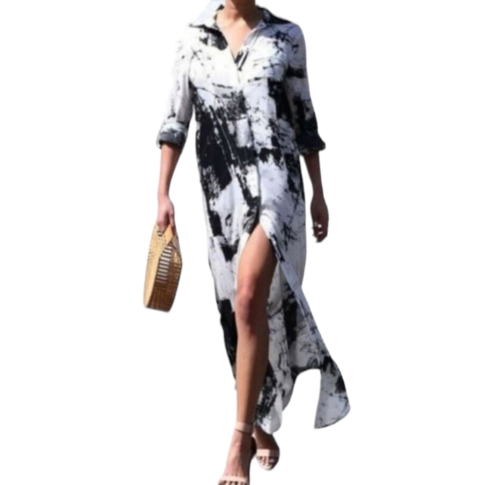 Dress Day Abstract Oversized Button Front Shirt Dress Black White Maxi